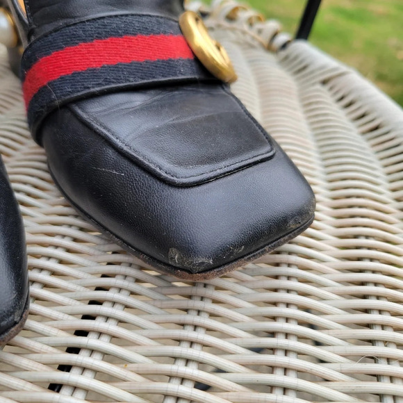 GUCCI Peyton Pearl GG Embellished Web Black Leather Mid-Heel Loafers 37 - Picture 3 of 13